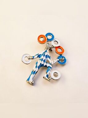 Blue and White Harlequin Juggler Enamel Brooch